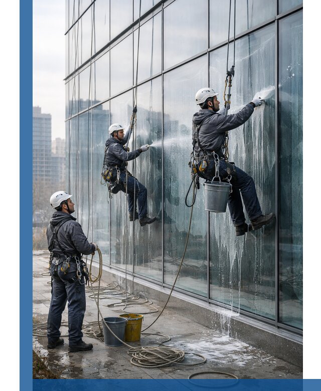 Промышленная мойка панорамных окон на высоте в Артёме