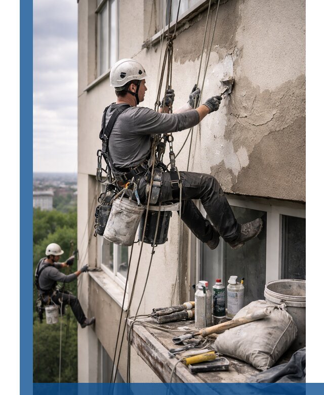 Косметический ремонт фасада зданий в Артёме промышленными альпинистами