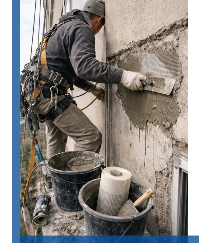 Ремонт бетонных элементов фасада промышленными альпинистами в Артёме