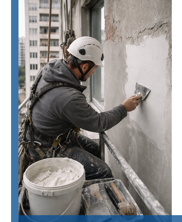 Шпаклевка фасадов на высоте с промальпинистами в Артёме