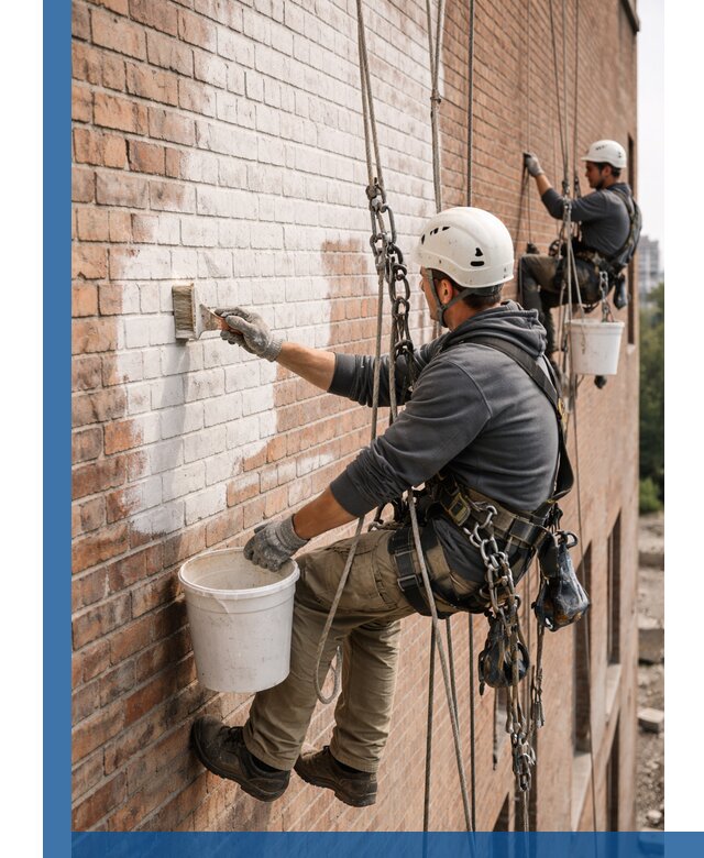 Покраска кирпичного фасада с доступным альпинистским сервисом в Артёме