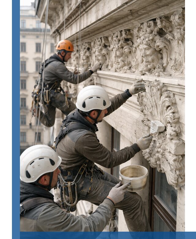 Реставрация фасадной лепнины с высотными работами в Артёме