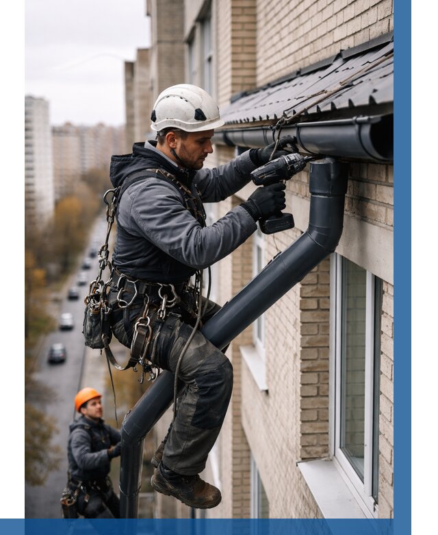 Монтаж водосточной системы на здании в Артёме от 5184 р. | ВЫСОТНИК-Арт