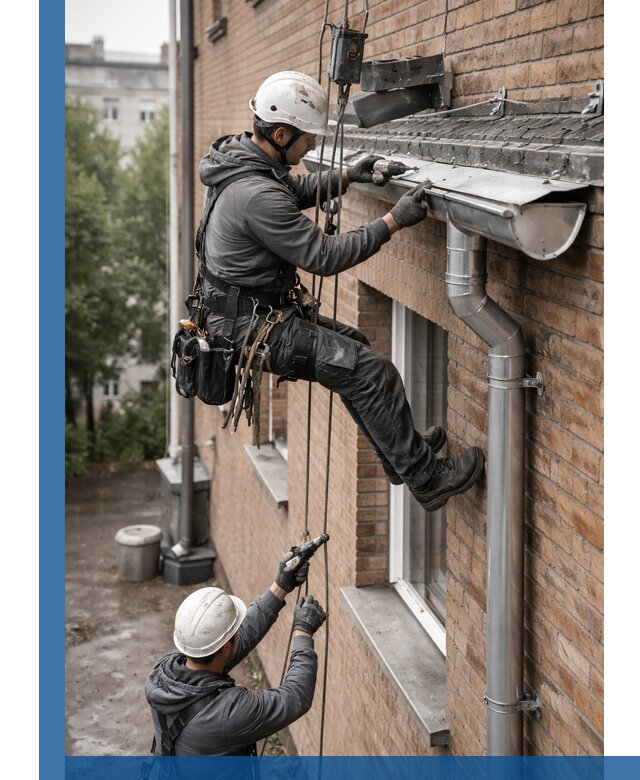 Монтаж водосточной системы на здании в Артёме под ключ