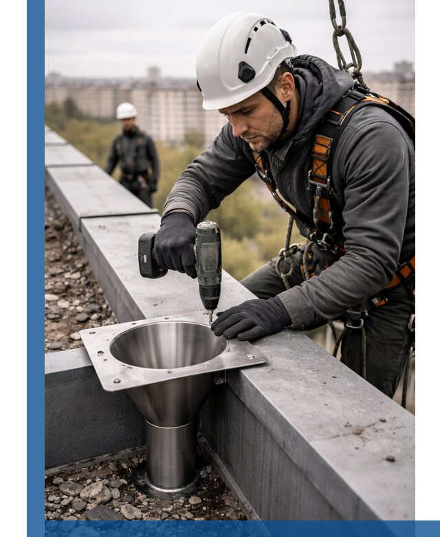 Монтаж водосточных воронок в Артёме для промышленных зданий