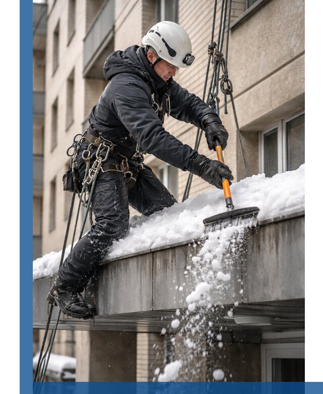 Очистка козырьков от снега в Артёме круглогодично безопасно