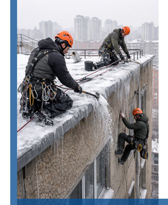 Удаление наледи с кровли в Артёме промышленными альпинистами