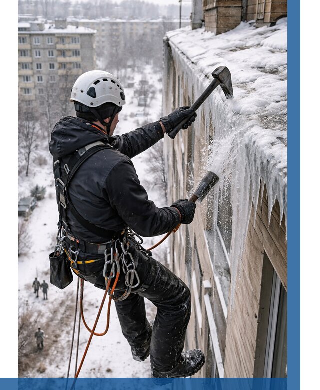 Сбивание сосулек с крыши в Артёме по цене от 4665 р. | ВЫСОТНИК-Арт