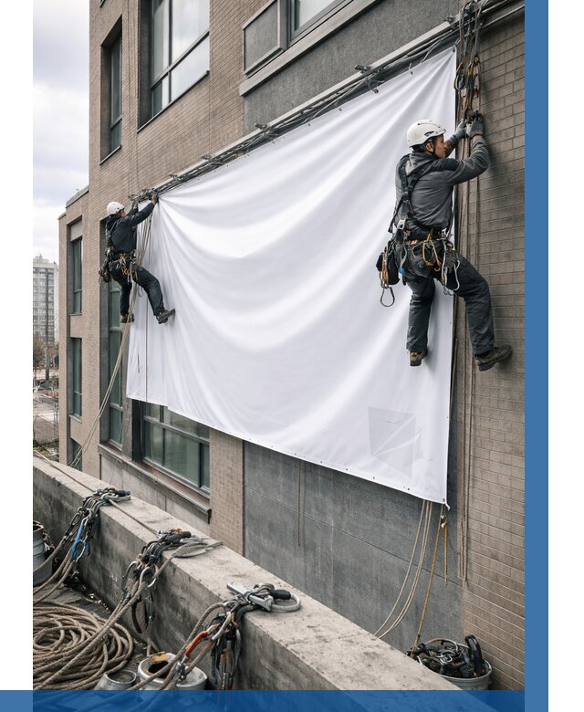 Монтаж баннеров на фасаде в Артёме от 674 р. заказать ВЫСОТНИК-Арт