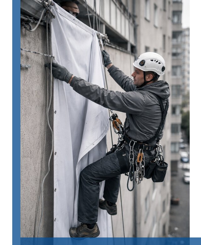 Замена баннерного полотна промышленными альпинистами в Артёме