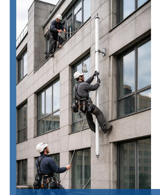 Монтаж флагштока на фасаде здания с креплением и герметикой в Артёме