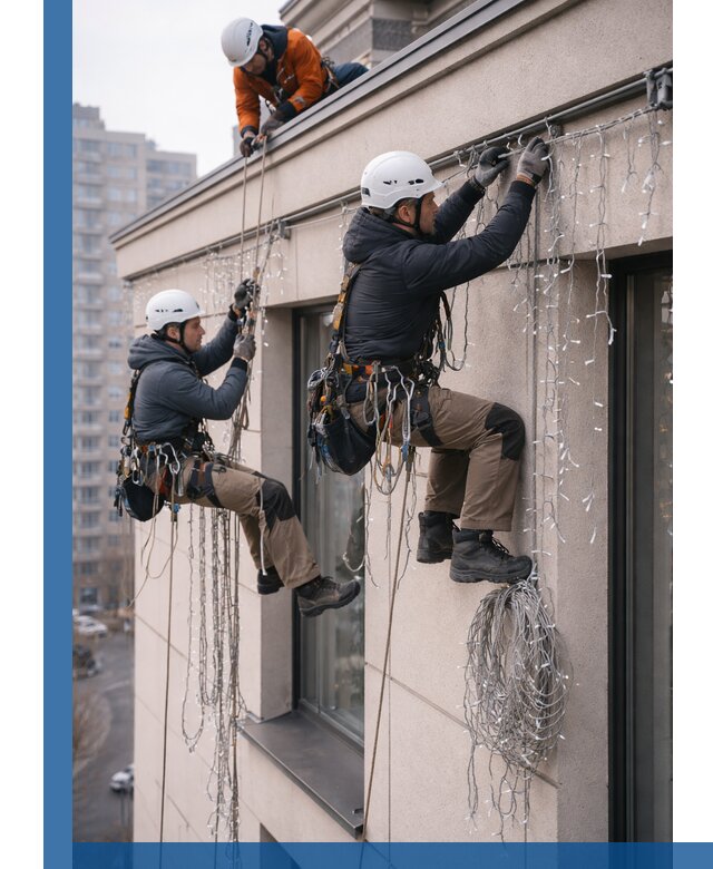 Монтаж праздничных гирлянд на фасаде в Артёме для зданий