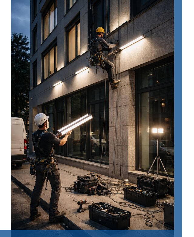 Монтаж архитектурной подсветки здания в Артёме от 2592 р.|ВЫСОТНИК-Арт