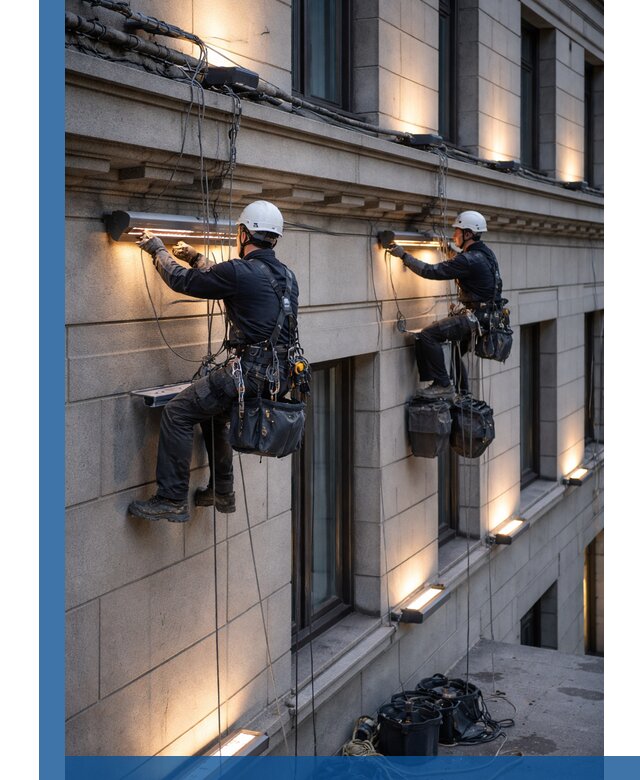 Монтаж архитектурной подсветки фасадов зданий в Артёме