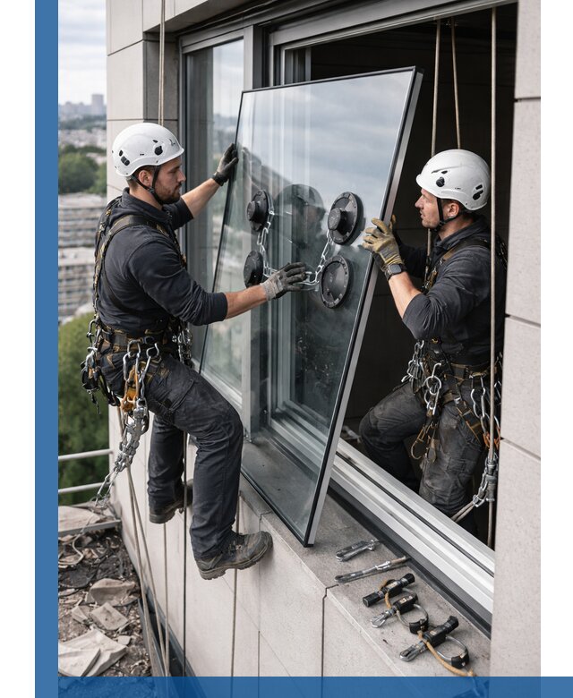 Замена стеклопакетов на высоте с промышленными альпинистами в Артёме