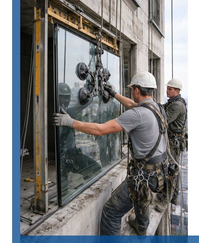 Монтаж стеклопакетов на высоте в Артёме с промышленным альпинизмом