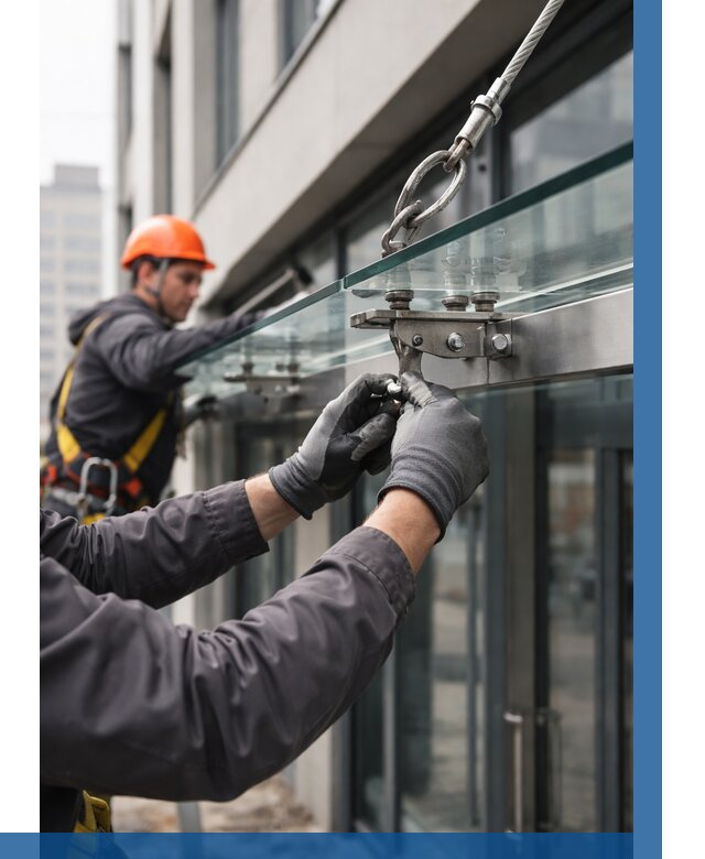 Монтаж стеклянных козырьков в Артёме от 8812 р. | ВЫСОТНИК-Арт