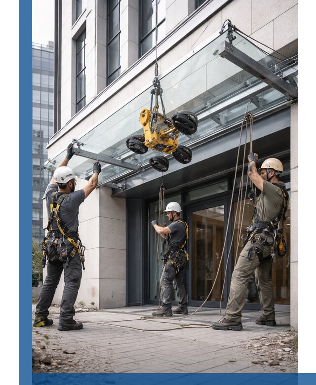 Монтаж стеклянных козырьков под ключ в Артёме для зданий