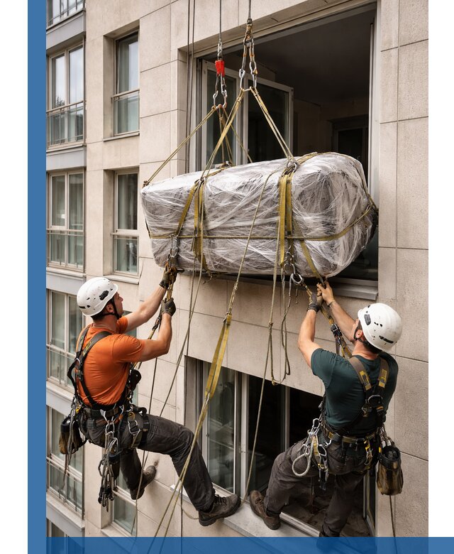 Подъем грузов через окно в Артёме промышленными альпинистами