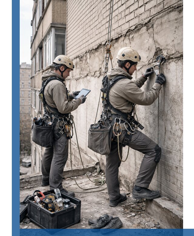 Обследование фасада промышленными альпинистами в Артёме